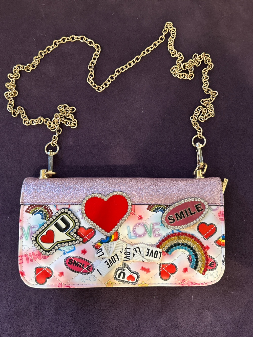 Aldo Pink Glitter Heart & Rainbow Crossbody with Gold Chain